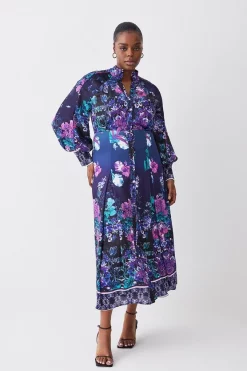 Cheapest 🛒 Karen Millen Plus Size Boarder Floral Print Satin Woven Midi 👗 Dress - purple 🤩