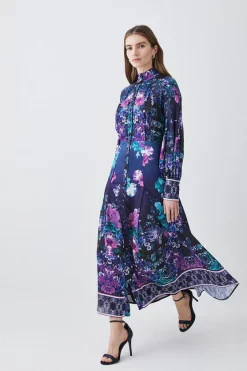 Best Pirce π Karen Millen Tall Boarder Floral Print Satin Woven Midi π Dress - purple π