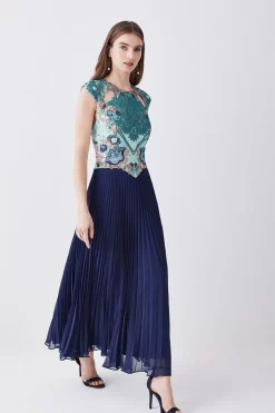 Promo ✨ Karen Millen Metallic Guipure Lace Pleated 👗 Skirt Midi 👗 Dress - ivory 🥰