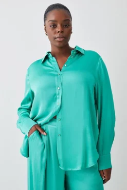 Brand new ⌛ Karen Millen Plus Size Viscose Satin Boyfriend 👚 Shirt - green 🌟