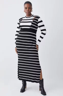 Deals ⌛ Karen Millen Plus Size Viscose Blend Warm Touch Stripe Knit Midi 👗 Dress - mono 🥰