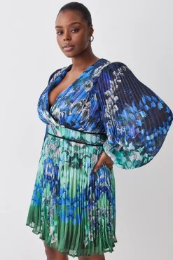 Best Pirce 😀 Karen Millen Plus Size Mirrored Ombre Floral Pleat Drama Woven Mini 👗 Dress - blue 🧨
