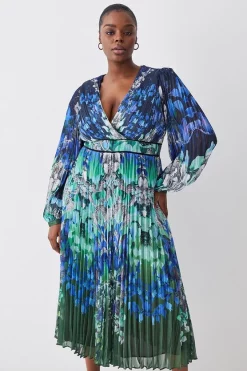 Best reviews of 💯 Karen Millen Plus Size Mirrored Ombre Floral Pleat Drama Woven Midi 👗 Dress - blue 👍
