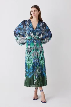 Hot Sale 🤩 Karen Millen Tall Mirrored Ombre Floral Pleat Drama Woven Midi 👗 Dress - blue 🔥