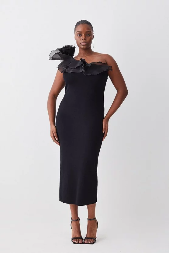 Best deal β€οΈ Karen Millen Plus Size One Shoulder Organza Flower Detail Knit Midi π Dress - black β€οΈ