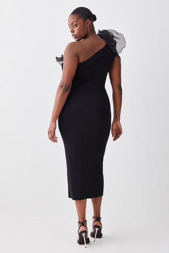 Best deal β€οΈ Karen Millen Plus Size One Shoulder Organza Flower Detail Knit Midi π Dress - black β€οΈ - Image 3