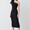 Wholesale 🥰 Karen Millen One Shoulder Organza Flower Detail Knit Midi 👗 Dress - black ⌛