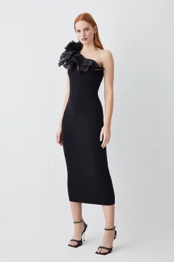 Wholesale π₯° Karen Millen One Shoulder Organza Flower Detail Knit Midi π Dress - black β