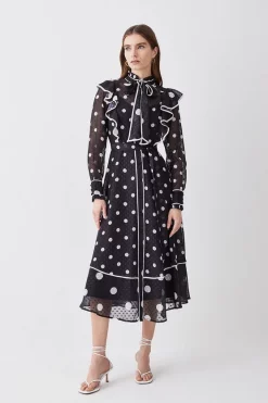 Cheap 💯 Karen Millen Mono Mixed Dot Piped Ruffle Georgette Midi 👗 Dress ⭐