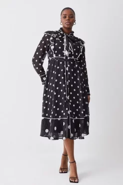 Cheapest 🥰 Karen Millen Plus Size Mono Mixed Dot Piped Ruffle Georgette Midi 👗 Dress ⭐