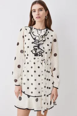 Best Sale 😉 Karen Millen Mixed Dot Piped Ruffle Belted Mini 👗 Dress - white 🎉