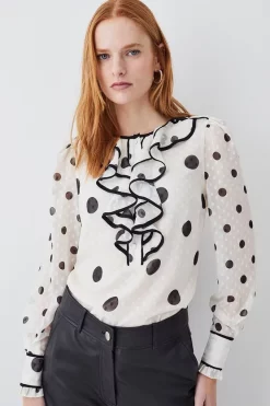 Deals 🔔 Karen Millen Mixed Dot Ruffle Detail Georgette Blouse - white 🥰