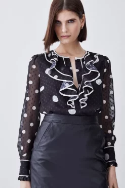 Flash Sale ✨ Karen Millen Mono Mixed Dot Ruffle Detail Georgette Blouse 😀