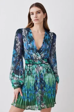 Hot Sale 🤩 Karen Millen Petite Mirrored Ombre Floral Pleat Drama Woven Mini 👗 Dress - blue 🔥