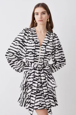 Flash Sale π Karen Millen Geo Print Satin Piped Tiered Belted Mini π Dress π