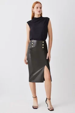 Brand new ⌛ Karen Millen Pu Button Detail Pencil Midi 👗 Skirt 👏
