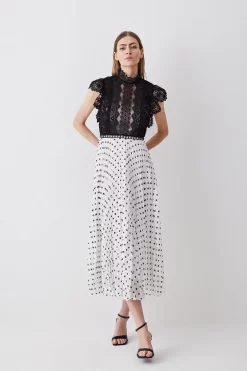 Top 10 π€© Karen Millen Guipure Lace Dot Pleated π Skirt Midi π Dress - mono π