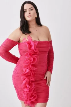 Brand new π Karen Millen Plus Size Ponte Mesh Rouched Organza Frill Bardot Mini π Dress - pink π