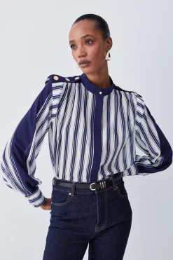 Deals π Karen Millen Military Stripe Woven Blouse - navy π