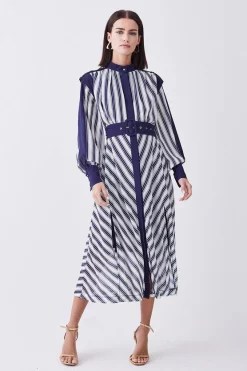 Wholesale 💯 Karen Millen Petite Military Stripe Woven Midi 👗 Dress - navy ⭐