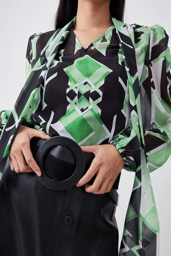 Coupon π Karen Millen Jigsaw Geo Georgette Tie Neck Blouse π - Image 3