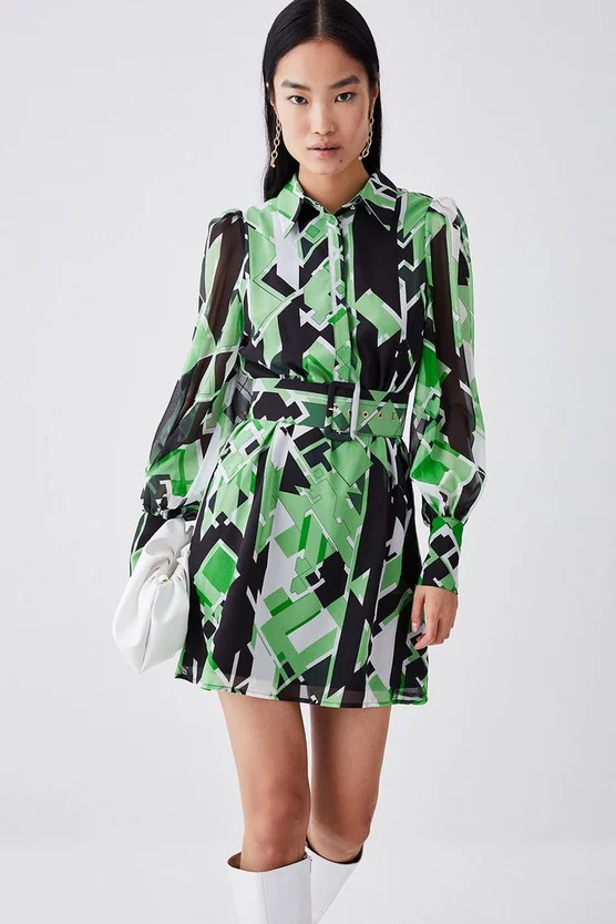 Top 10 ⭐ Karen Millen Jigsaw Geo Georgette Belted Woven 👚 Shirt 👗 Dress 👏 - Image 2