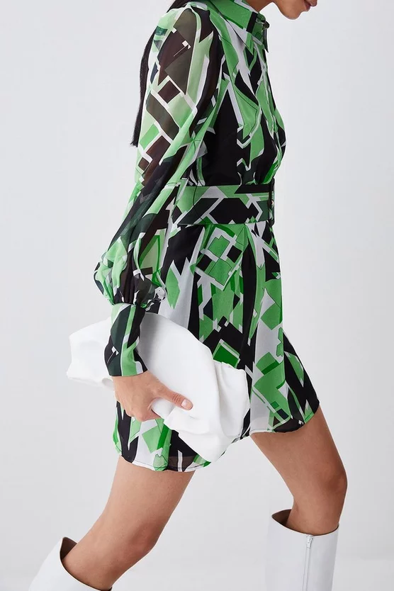 Top 10 ⭐ Karen Millen Jigsaw Geo Georgette Belted Woven 👚 Shirt 👗 Dress 👏 - Image 3
