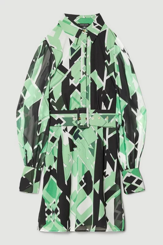 Top 10 ⭐ Karen Millen Jigsaw Geo Georgette Belted Woven 👚 Shirt 👗 Dress 👏 - Image 4