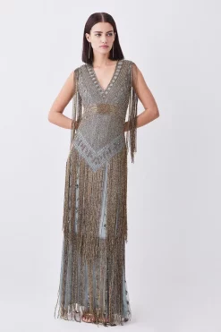 Outlet ❤️ Karen Millen Petite Beaded Fringed Woven Maxi 👗 Dress - sage 😍