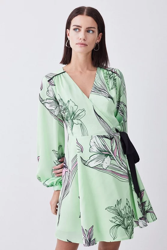 Buy β€οΈ Karen Millen Petite Floral π¨ Hammered Satin Woven Wrap Mini π Dress - green π―