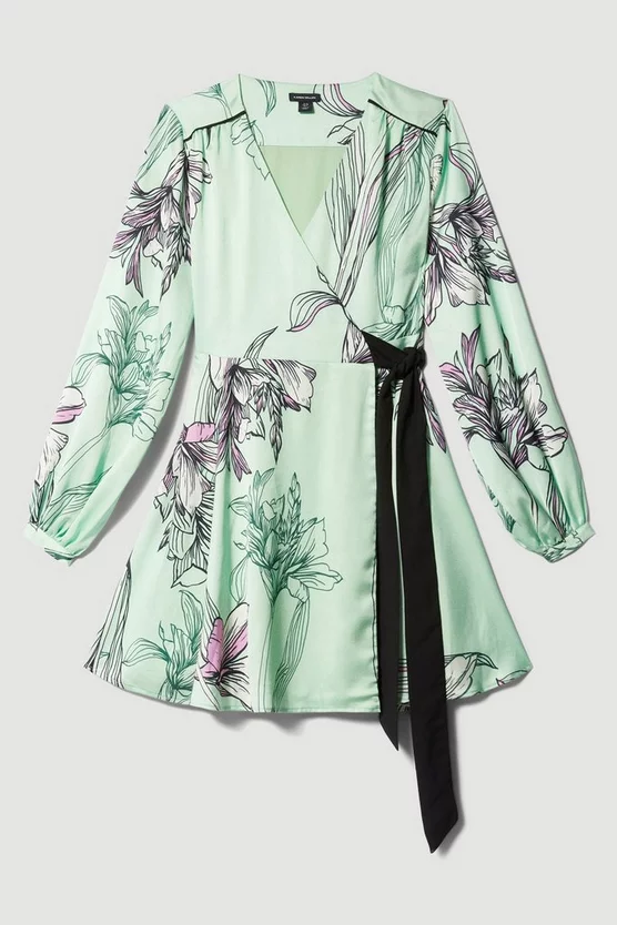 Buy β€οΈ Karen Millen Petite Floral π¨ Hammered Satin Woven Wrap Mini π Dress - green π― - Image 4