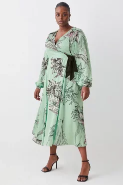 Cheap ⭐ Karen Millen Plus Size Floral 🔨 Hammered Satin Woven Wrap Midi 👗 Dress - green 💯