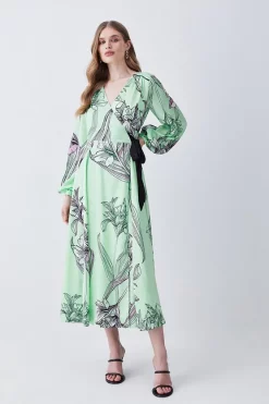 Brand new 🎁 Karen Millen Floral 🔨 Hammered Satin Woven Wrap Midi 👗 Dress - green 🎁