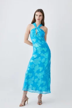 Flash Sale 🔥 Karen Millen Metallic Iridescent Halter Column Midi 👗 Dress ✨