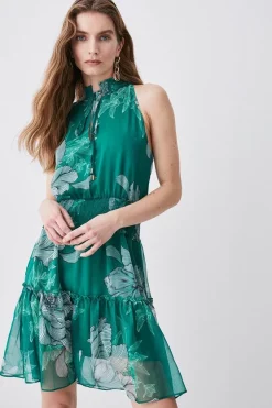 Discount 😀 Karen Millen Floral Bloom Shirred Halter Woven Mini 👗 Dress - green 🛒