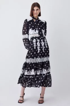 Top 10 😀 Karen Millen Polka Dot Mix Lace & Embroidery Maxi 👗 Dress - black 😍