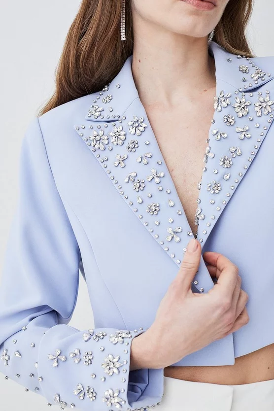 Top 10 🥰 Karen Millen Embellished Stretch Woven Cropped Jacket - blue 🔔 - Image 2