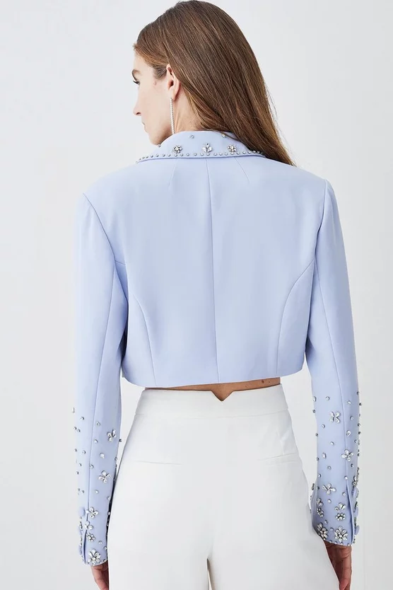 Top 10 🥰 Karen Millen Embellished Stretch Woven Cropped Jacket - blue 🔔 - Image 3