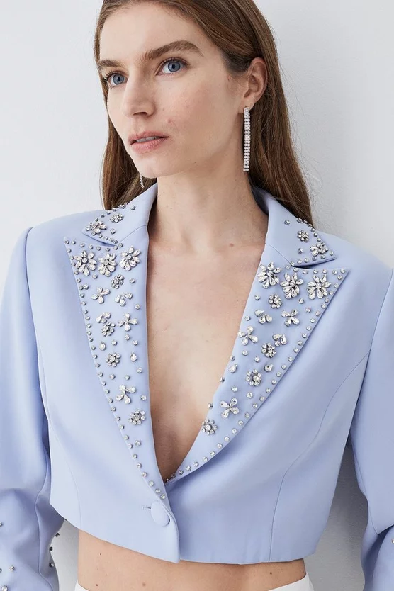 Top 10 🥰 Karen Millen Embellished Stretch Woven Cropped Jacket - blue 🔔 - Image 5