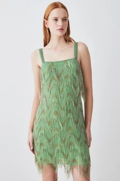 New 👍 Karen Millen Square Neck Embellished Fringed Mini 👗 Dress - green 😉