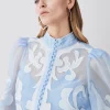 New 🛒 Karen Millen Organdie Applique Buttoned Woven Blouse - blue 🤩