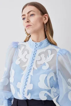 New 🛒 Karen Millen Organdie Applique Buttoned Woven Blouse - blue 🤩
