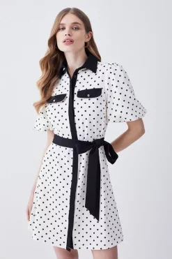 Best deal 🔥 Karen Millen Pin Dot Twill Belted Mini 👗 Dress - mono ✨