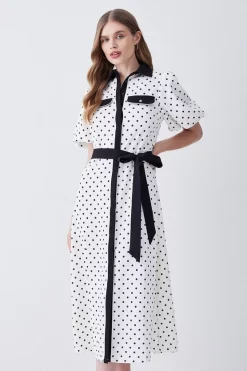 Promo 😀 Karen Millen Pin Dot Twill Belted Midi 👗 Dress - mono 🔥