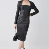 New 🎁 Karen Millen Leather Corset Detail Sleeved Midi Pencil 👗 Dress 🎉