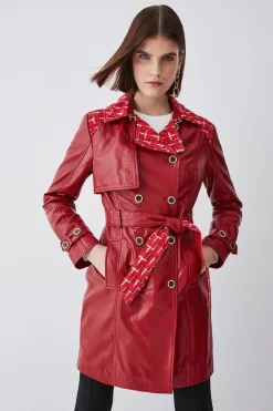 Top 10 ⌛ Karen Millen Leather & Tweed Mix Short Trench 🧥 Coat - red ✔️
