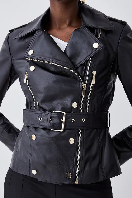New π Karen Millen Leather Military Zip Detail Biker Jacket π - Image 2