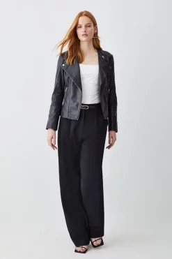 Best deal 👍 Karen Millen Leather Asymmetric Zip Through Collarless Biker Jacket - black 😀