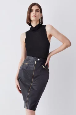 Brand new π― Karen Millen Leather & Ponte Zip Through Pencil π Skirt - black π
