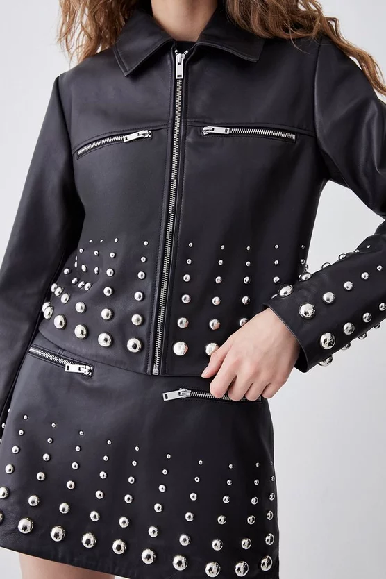 Best reviews of π€© Karen Millen Leather Graduate Dome Stud Zip Through Biker Jacket - black π€©